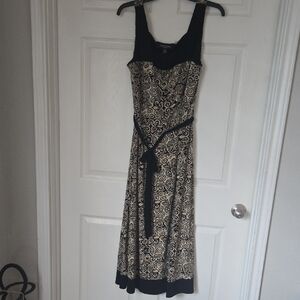 Perceptions Of New York Black and Cream Swirl Floral Dress Black Sash Belt Large